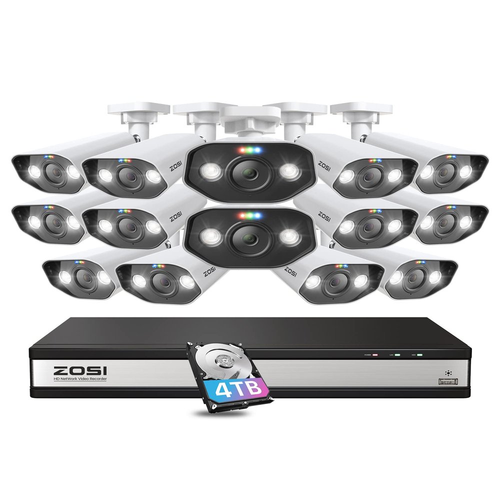 ZOSI 16CH 4K PoE Security Camera System,16Channel 8MP NVR with 4TB HDD,14pcs Outdoor Spotlight 5MP PoE IP Cameras,2 Way Audio,Night Vision,Person/Vehicle Detection,Remote Access,for 24-7 Recording