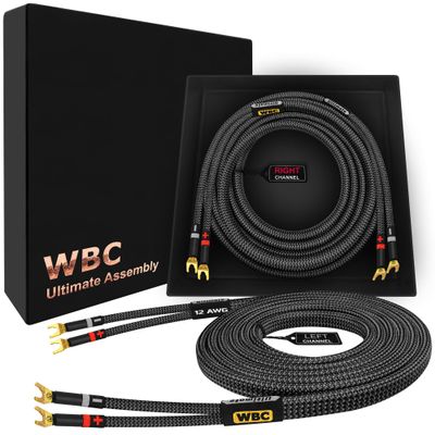 WORLDS BEST CABLES 6 Foot Ultimate - 12 AWG - Ultra-Pure OFC - Premium Audiophile HiFi Speaker Cable Pair with Eminence Spade Plugs & Carbon Tweed Jacket