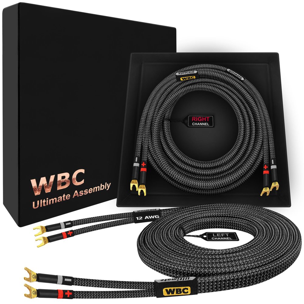 WORLDS BEST CABLES 10 Foot Ultimate - 12 AWG - Ultra-Pure OFC - Premium Audiophile HiFi Speaker Cable Pair with Eminence Spade Plugs & Carbon Tweed Jacket