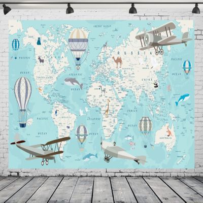 CORFOTO Fabric Cartoon World Map Backdrop Airplane Hot Air Balloon Treasure Map Background Navigation Party Decorations Travel Themed Birthday Decor Kids Adults Girls Portrait Photo Shoot Props