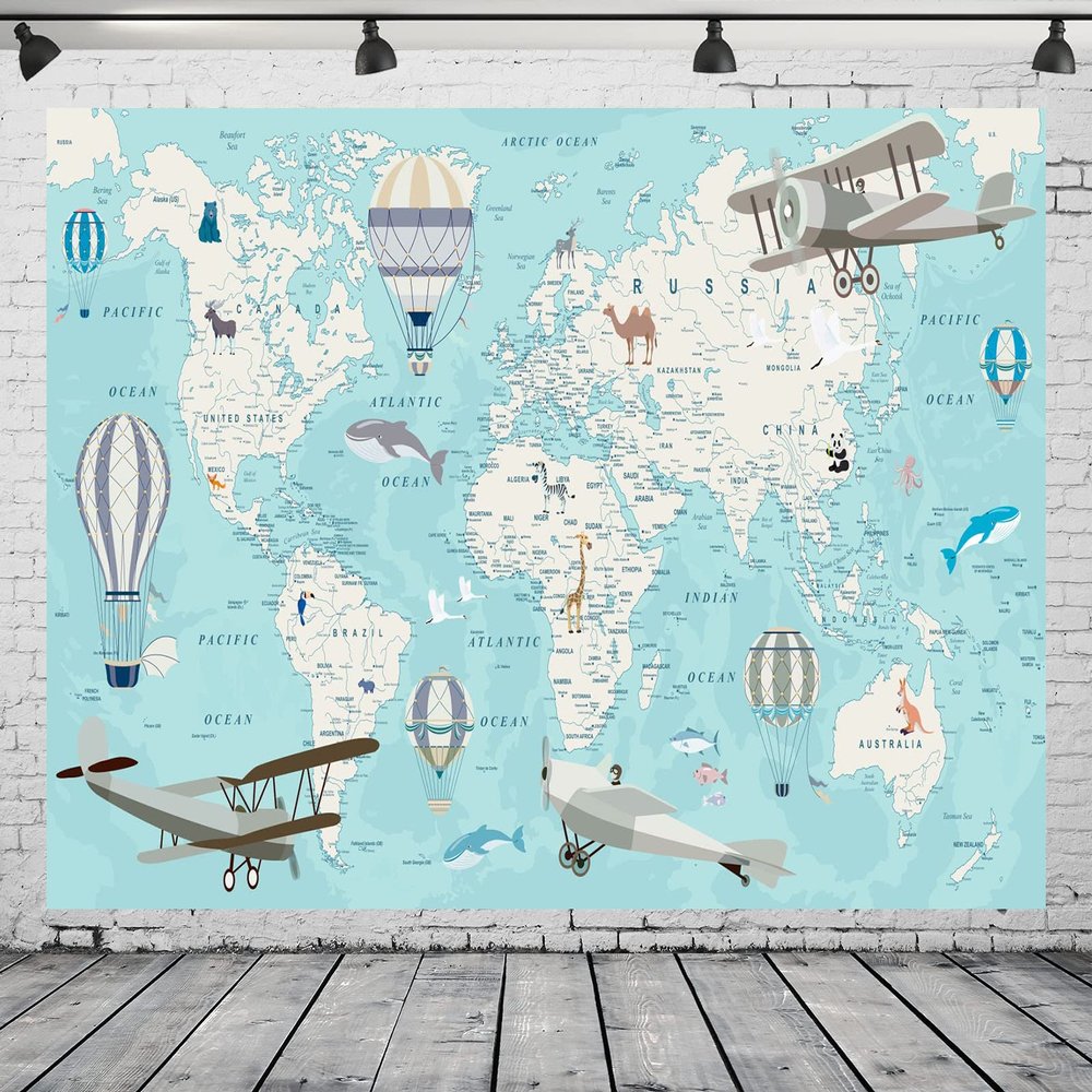 CORFOTO Fabric Cartoon World Map Backdrop Airplane Hot Air Balloon Treasure Map Background Navigation Party Decorations Travel Themed Birthday Decor Kids Adults Girls Portrait Photo Shoot Props