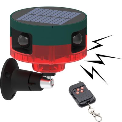 keeda Solar Outdoor Motion Sensor Alarm Upgraded 360 PIR Motion Detector 129db Loud Siren Lamp Strobe Light with Remote 13 Tones + Customize Sound Audio Security Light Alarm (Red)