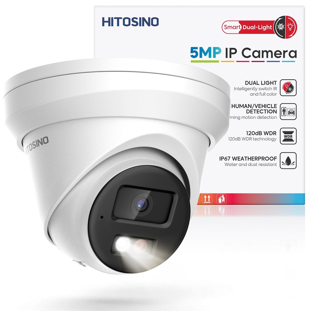 HITOSINO 5MP IP PoE Camera, Outdoor Turret Camera with Mic, Hikconnect/SADP/iVMS4200, Smart Color Night Vision, Low light Starlight, Human Vehicle Detection, 114 Wide Angle, Metal IP67, 512GB SD Slot