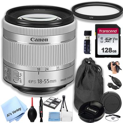 Canon EF-S 18-55mm f/4-5.6 is STM Lens (White Box)+128GB Memory + UV Filter +Lens Pouch +Grip + More (18pc Kit)-Silver (Renewed)