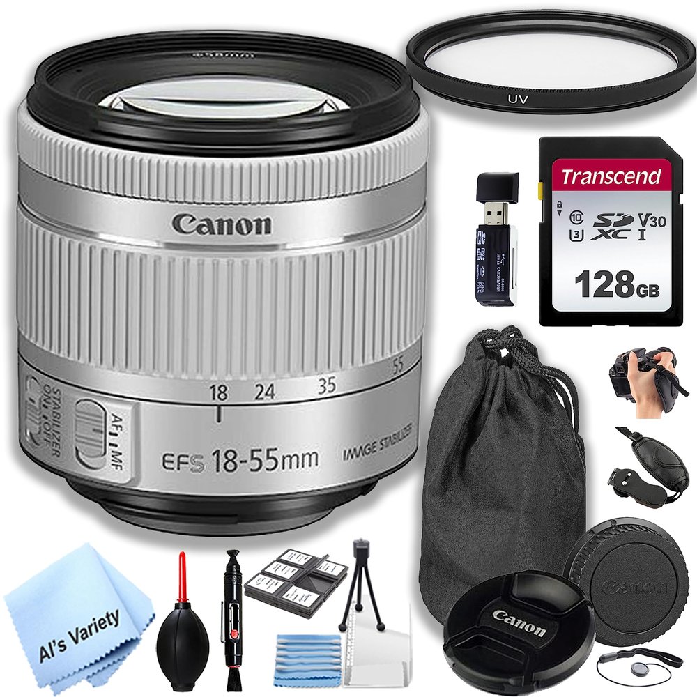 Canon EF-S 18-55mm f/4-5.6 is STM Lens (White Box)+128GB Memory + UV Filter +Lens Pouch +Grip + More (18pc Kit)-Silver (Renewed)
