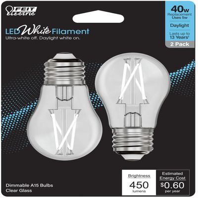 Feit Electric BPA1540950CAWFIL/2 Daylight Exposed White Filament LED Light Bulb, Box of 2 Bulbs; 5W; 5000K; E26 Base; 450 Lumens; Dimmable; 90 CRI; 15000 Rated Life Hours; 120V; 1.9" MOD; 3.2" MOL