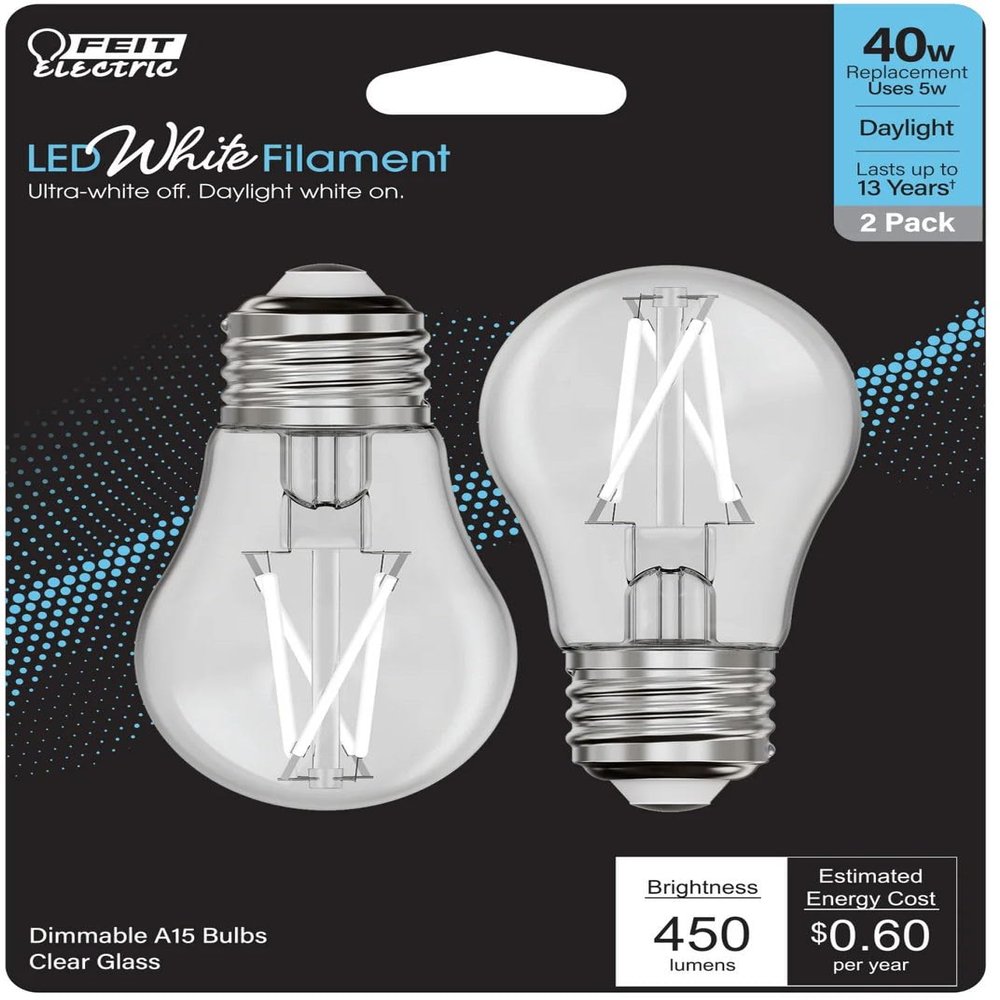 Feit Electric BPA1540950CAWFIL/2 Daylight Exposed White Filament LED Light Bulb, Box of 2 Bulbs; 5W; 5000K; E26 Base; 450 Lumens; Dimmable; 90 CRI; 15000 Rated Life Hours; 120V; 1.9" MOD; 3.2" MOL