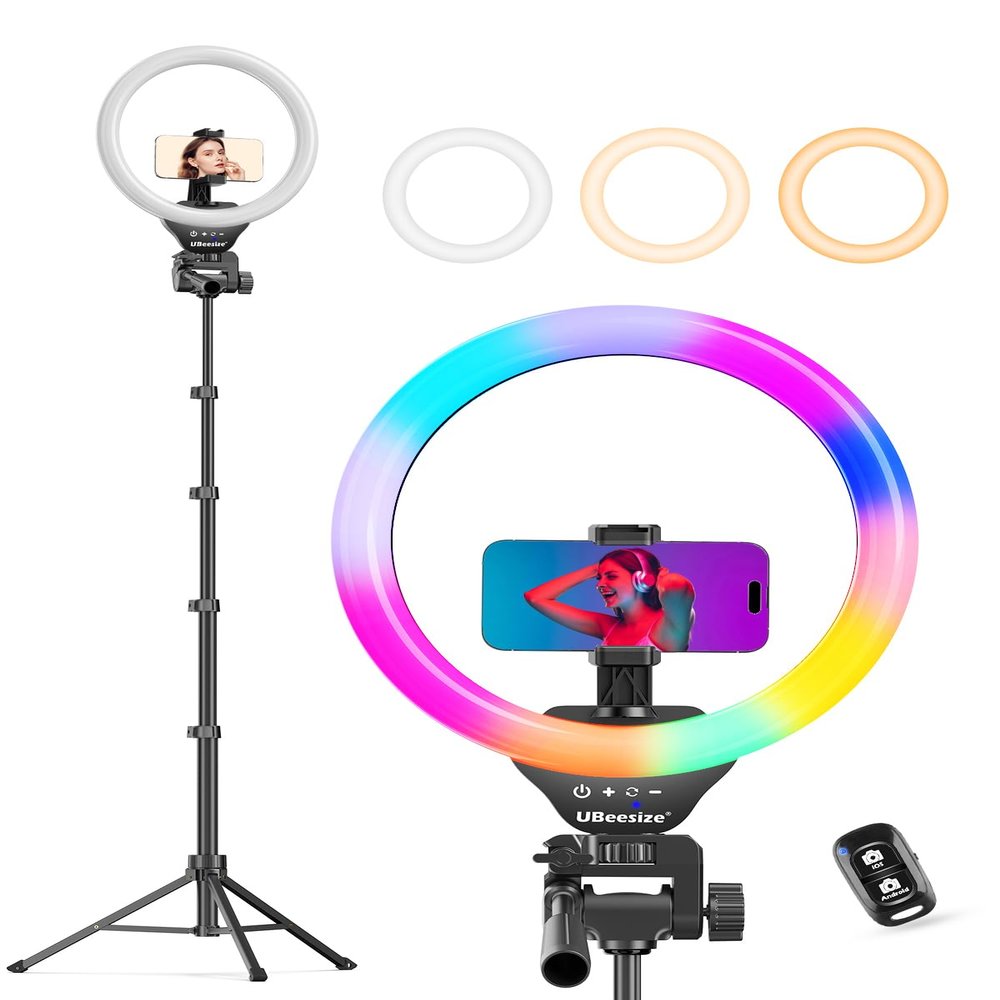 UBeesize 12'' LED RGB Ring Light with 62'' Tripod Stand, Selfie Ring Light for Video Recording, Live Streaming, TikTok & YouTube, Compatible with iPhone & Android
