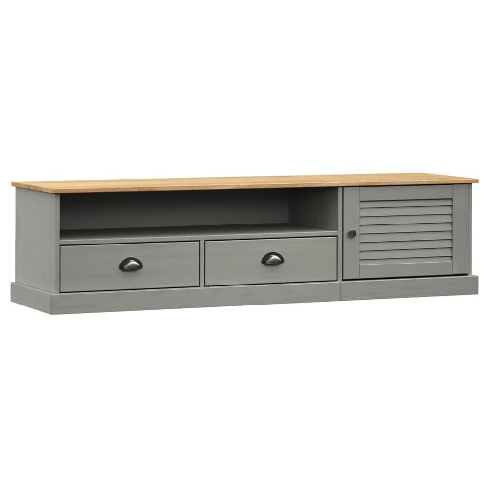 vidaXL Solid Pine Wood VIGO TV Stand - Gray Media Console with Drawers, Entertainment Center, and Shutter Door Design for Living Room