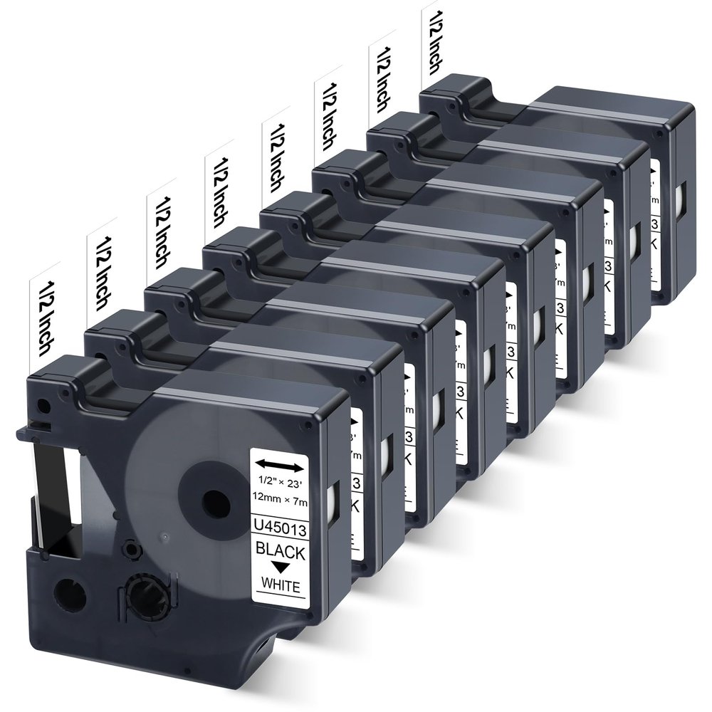 8X Replace for Dymo D1 Label Maker Refills 45013 for Dymo D1 Label Tape A45013 S0720530 Black on White Compatible with LabelManager 160 280 210D 360D 420P PnP Labeler, 1/2 Inch x 23 Feet