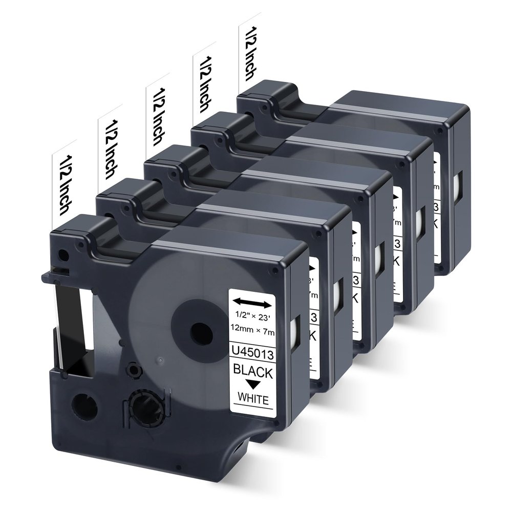5X Compatible Dymo D1 Label Tape 45013 a45013 S0720530 Replace for Dymo Label Maker Refill 1/2 Inch x 23 Feet, Work with LabelManager 160 210D 260P 280 360D 420P PnP 220P 500TS 450DUO, Black on White
