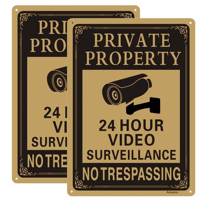 2 Pack Large Private Property No Trespassing Sign - 24 Hours Video Surveillance Warning Sign | 14" x 10" Rust Free Aluminum Easy Mounting Fade Resistance