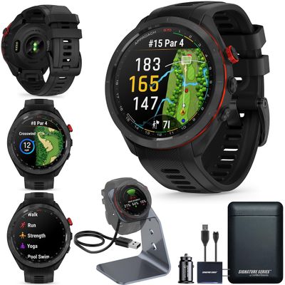 Garmin Approach S70 Golf Smartwatch, Full-Color CourseView Maps AMOLED Display, Advanced Shot Execution & Putt Alignment, Immersive Golfing Experience w/Signature Stand Power Bundle