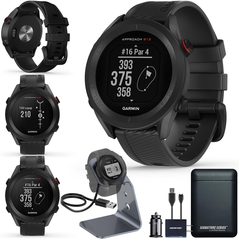 Garmin Approach S12 Golf Watch | Preloaded with 42k CourseView Maps | Scorekeeping Functionality | Uploads Scores to Garmin Golf App | Sunlight Readable Display with Signature Stand Power Bundle