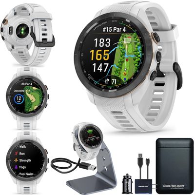 Garmin Approach S70 Golf Smartwatch | Full-Color CourseView Maps AMOLED Display | Advanced Shot Execution & Putt Alignment | Immersive Golfing Experience w/Signature Stand Power Bundle