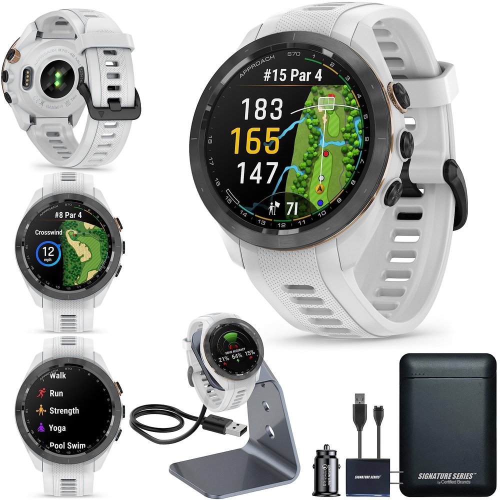 Garmin Approach S70 Golf Smartwatch | Full-Color CourseView Maps AMOLED Display | Advanced Shot Execution & Putt Alignment | Immersive Golfing Experience w/Signature Stand Power Bundle