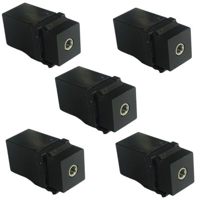 5 3.5 Stereo Audio Module sockets, Female to Female, Single Channel Dual Channel Mini Adapter connectors plugged into Black Wall Panels