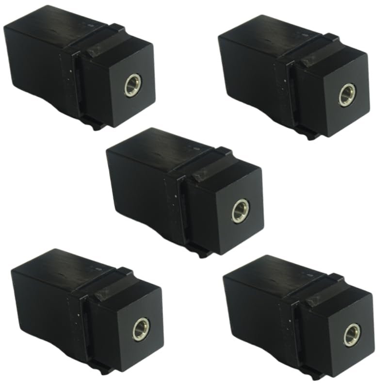 5 3.5 Stereo Audio Module sockets, Female to Female, Single Channel Dual Channel Mini Adapter connectors plugged into Black Wall Panels