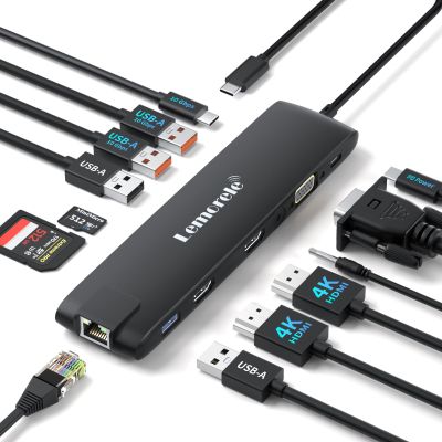 Lemorele 13-in-1 USB C Docking Station with Triple Display, 2X 4K HDMI, VGA, 100W PD, 6 USB Ports (incl. USB-C 3.2), Gigabit Ethernet, SD/TF Reader, 3.5mm Audio for MacBook/Windows