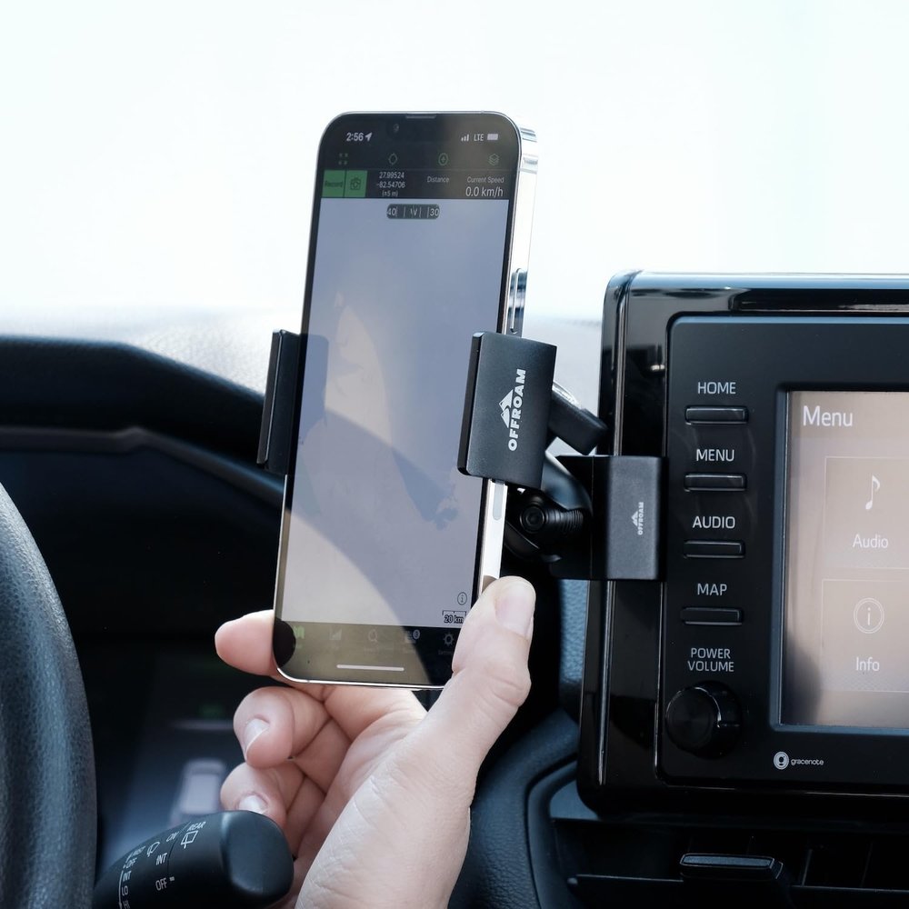Offroam Phone Mount Made for Toyota RAV4 2019-2025 with 7-in. or 8-in. Toyota Audio Multimedia Systems, CNC-Machined Aluminium, Universal Spring Loaded Holder, 360-Degree Swivel, One-Hand Operation