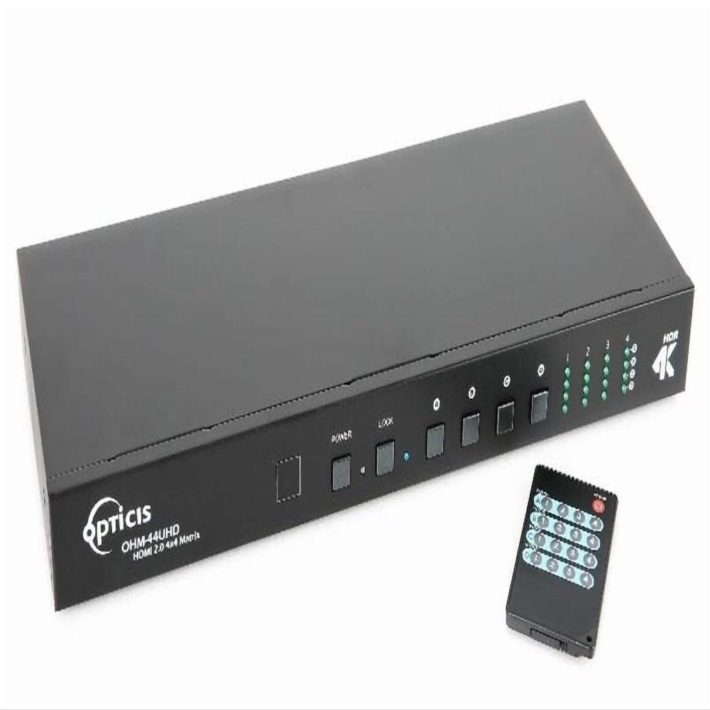 Opticis OHM-44UHD HDMI 2.0 4X4 Matrix Switch; Provides User-Friendly EDID Management Tools with 4 Slots for User-Created EDIDs, and EDID Bypass Support; HDCP 2.2 Compliant