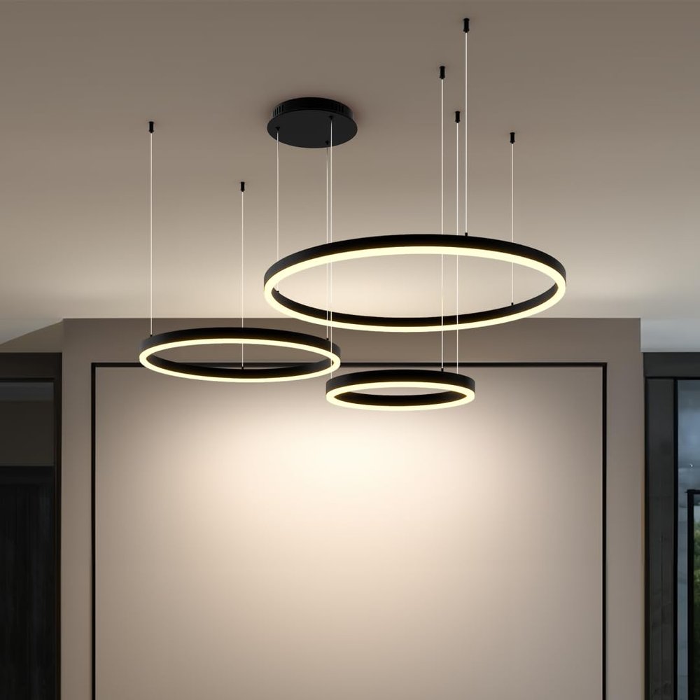 Charlotte | Modern 3-Ring Chandelier, Dimmable LED Chandeliers, Round Light Fixture, Circular Ceiling Lights for Dining Table, Living Room,1 Pack (3 Rings | Black | Warm White)