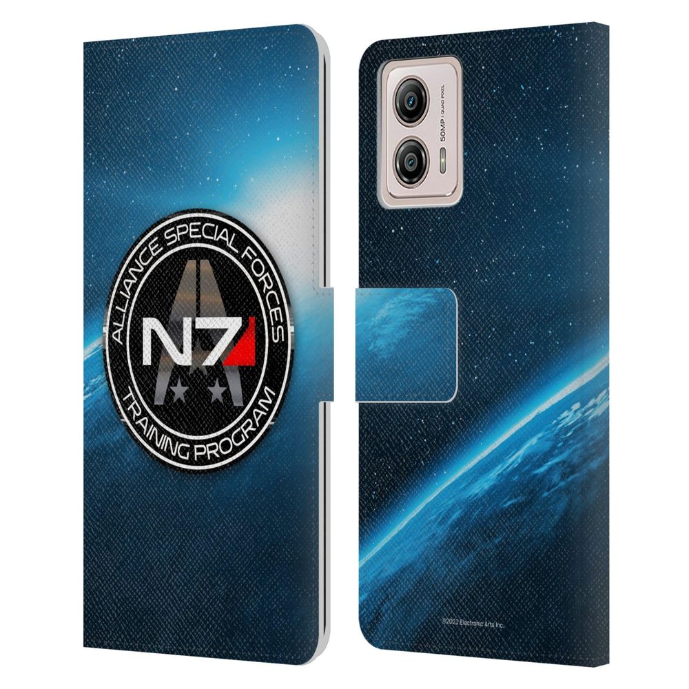 Head Case Designs Officially Licensed EA Bioware Mass Effect N7 Training Program 3 Badges and Logos Leather Book Wallet Case Cover Compatible with Motorola Moto G53 5G