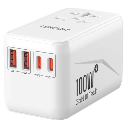 LENCENT Universal Travel Adapter, 100W GaN3 International Adaptor with 2 QC3.0 USB-A+2 PD3.0 Type-C PPS Fast Charging, Worldwide Wall Charger for iPhone,Laptop, Plug Adapter USA/UK/EU/AU
