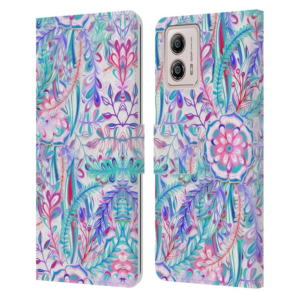 Head Case Designs Officially Licensed Micklyn Le Feuvre Burst in Pink and Teal Florals Leather Book Wallet Case Cover Compatible with Motorola Moto G53 5G