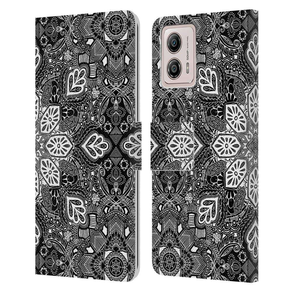 Head Case Designs Officially Licensed Micklyn Le Feuvre Lace in White on Black Mandala Leather Book Wallet Case Cover Compatible with Motorola Moto G53 5G