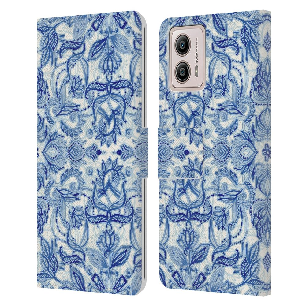 Head Case Designs Officially Licensed Micklyn Le Feuvre Denim Blues Floral Patterns Leather Book Wallet Case Cover Compatible with Motorola Moto G53 5G