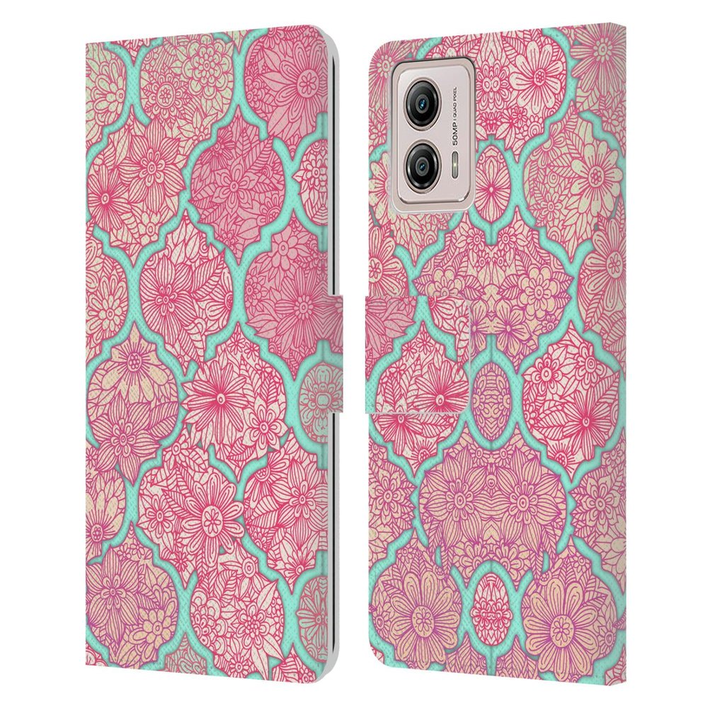 Head Case Designs Officially Licensed Micklyn Le Feuvre Pink and Teal Moroccan Leather Book Wallet Case Cover Compatible with Motorola Moto G53 5G