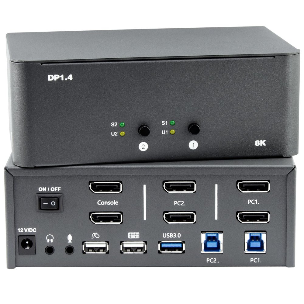 KVM Switch 2 Monitors 2 Computers, 8k Displayport Switch with USB 3.0, Jack, 2 Computers Share a Set of Keyboard, Mouse, Support Windows/Mac/Linux (Dual Monitor)