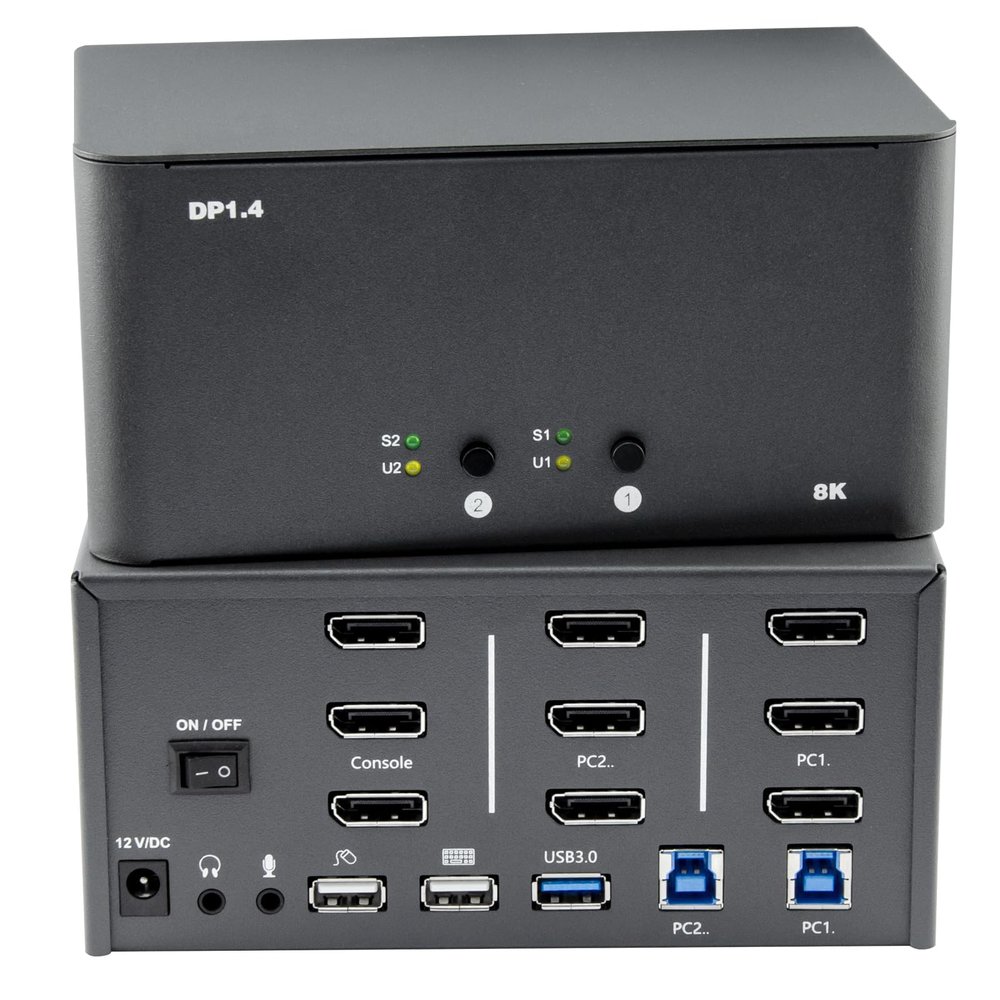 KVM Switch 3 Monitors 2 Computers, 8k Displayport Switch with USB 3.0, Jack, 2 Computers Share a Set of Keyboard, Mouse, Support Windows/Mac/Linux (Triple Monitor)