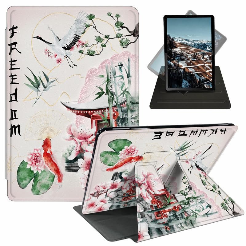EDGFRTOIO for Kindle Fire 7 Tablet Case 2022/2023, 360 Degree Smart Rotating Case Swivel Stand Soft Leather Cover Auto Wake Sleep for Fire 7 Tablet (12th Generation), Japanese Zen Garden