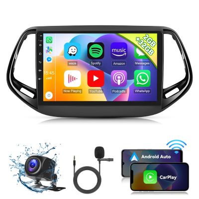 Car Radio Stereo Carplay GPS Navi for Jeep Compass 2017-2019 2+32G Android 13 with Apple Carplay Android Auto,10'' HD Touchscreen Car Radio with WiFi,GPS Navigation,BT,HiFi,Daul USB+Backup Camera
