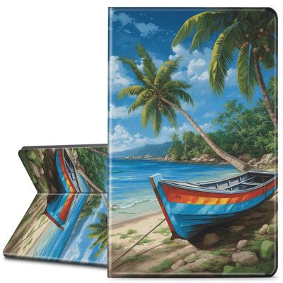 EDGFRTOIO for Kindle Paperwhite 11th Generation Case 6.8" Signature Edition E-Reader 2021, Premium PU Leather Folio Case Slim Shell Folding Stand Cover, Auto Sleep/Wake, Seaside Boat Coconut Trees