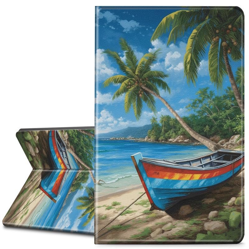 EDGFRTOIO for Kindle Paperwhite 11th Generation Case 6.8" Signature Edition E-Reader 2021, Premium PU Leather Folio Case Slim Shell Folding Stand Cover, Auto Sleep/Wake, Seaside Boat Coconut Trees