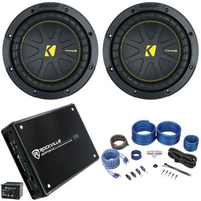 KICKER (2) 50CWCD84 CompC 8" DVC 4 ohm Subwoofers Bundle with Rockville Mono Amplifier+Amp Kit CWCD84 (3 Items)