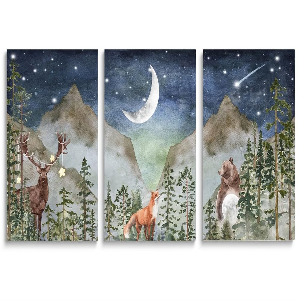 Woodland Nursery Wall Art for Kids Room Deer Fox Bear Moon Star Netural Baby Room Artwork for Boys Girls Forest Mountain Wall Art Nature Animals Adventure Nursery Decor Prints Set of 3 12x16 Inch