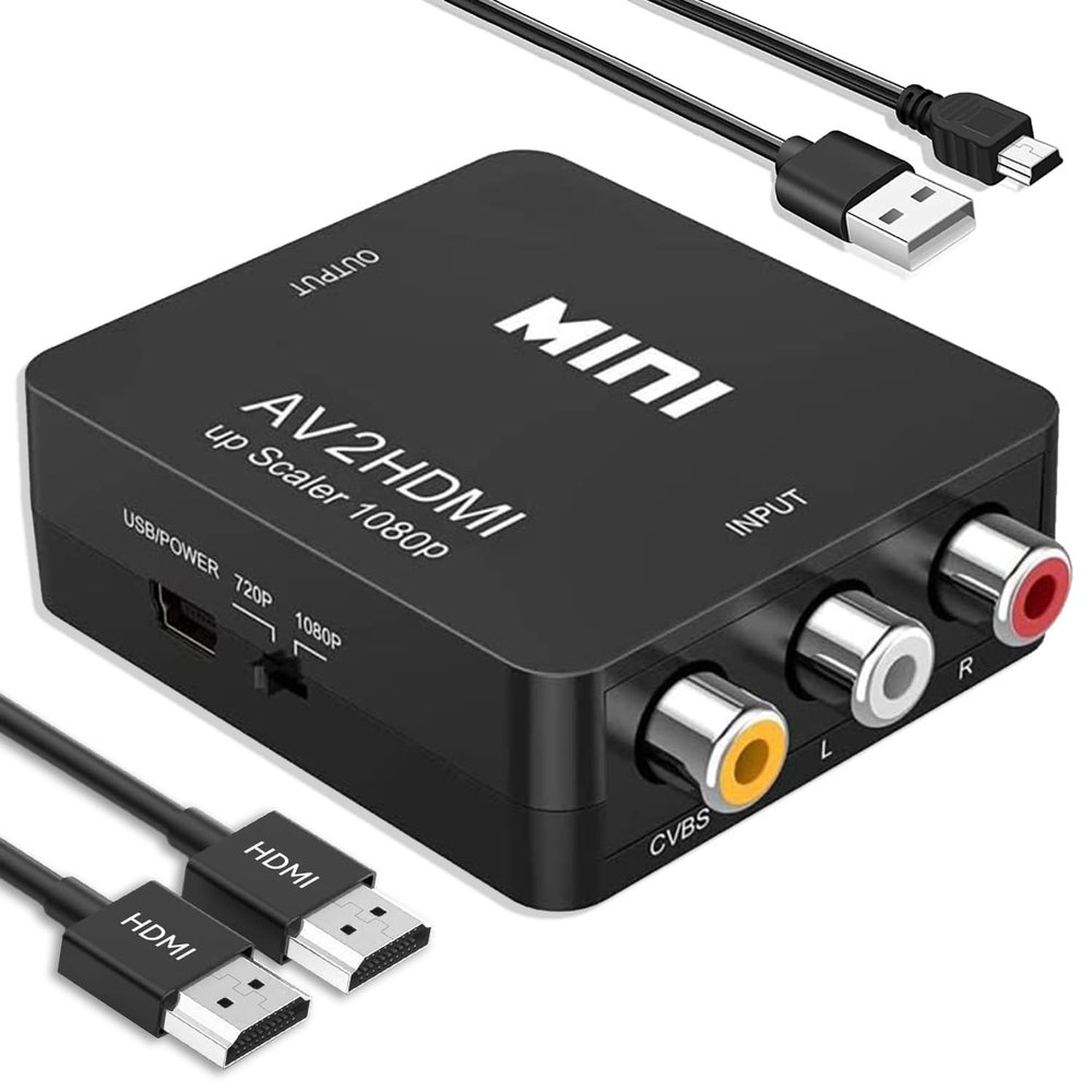Chodwe RCA to HDMI Converter, 1080P Mini RCA Composite CVBS AV to HDMI Video Audio Converter Adapter, Supports PAL/NTSC for N64 Wii PS2 PS3 Xbox VHS VCR Camera DVD - with HDMI Cable