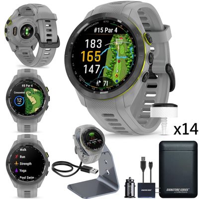 Garmin Approach S70 Golf Smartwatch | AMOLED Display | Shot Execution/Putt Alignment | Golfing System with Approach CT10 Full Kit, Club Tracking System (14 Sensors) and Signature Stand Power Bundle
