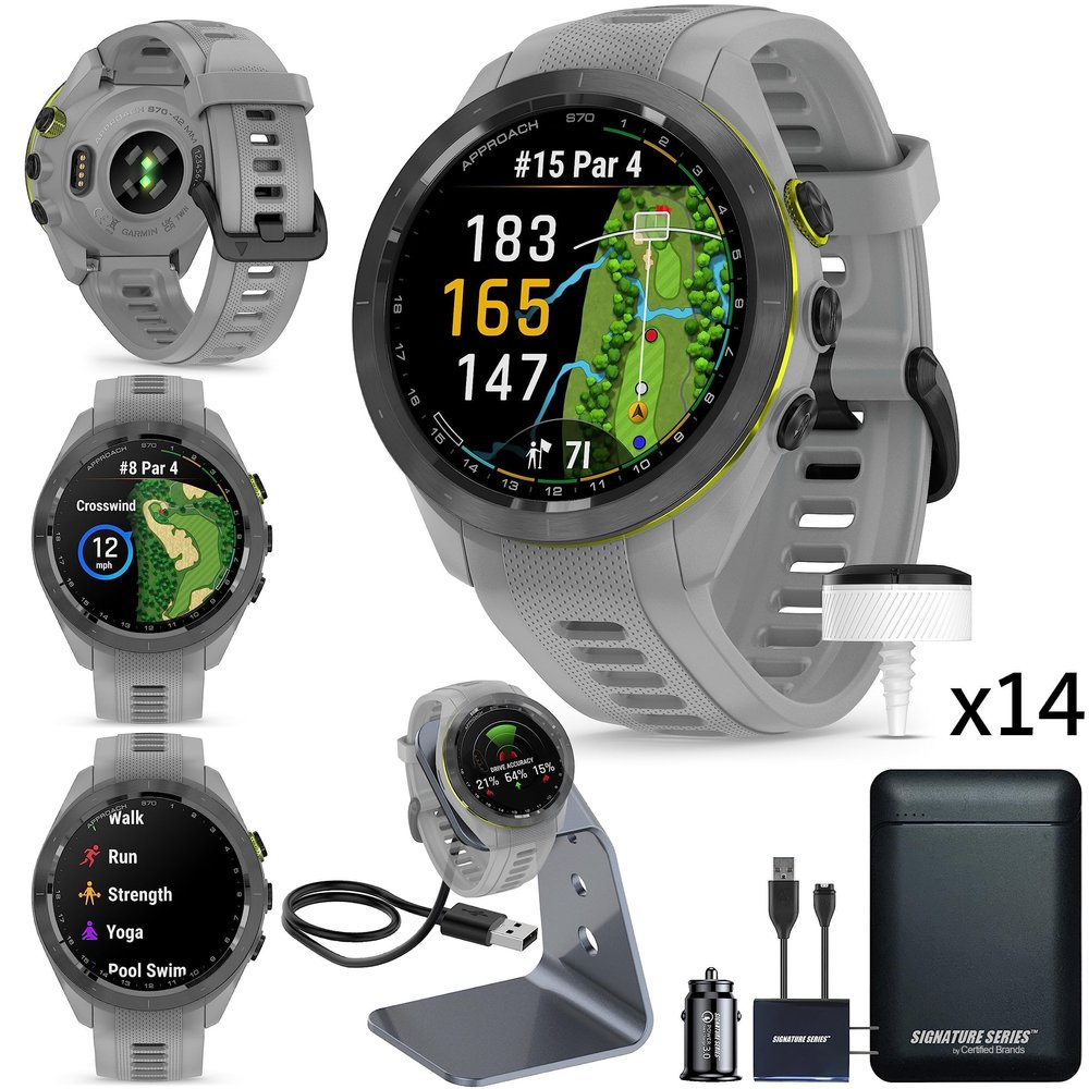 Garmin Approach S70 Golf Smartwatch | AMOLED Display | Shot Execution/Putt Alignment | Golfing System with Approach CT10 Full Kit, Club Tracking System (14 Sensors) and Signature Stand Power Bundle