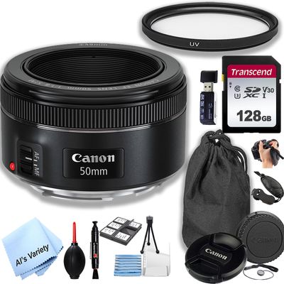 Canon EF 50mm f/1.8 STM Prime Lens +128GB Memory + UV Filter +Lens Pouch +Grip + More (18pc Kit) (Renewed)
