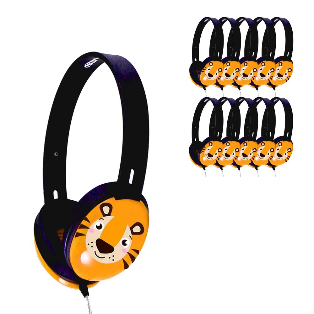 HamiltonBuhl Primo Stereo Headphones 10Pack  Tiger | NoiseReducing Ear Cups, ChewResistant DuraCord, Washable Leatherette Cushions, 3.5mm SlimBarrel Plug  Classroom Student Headphones