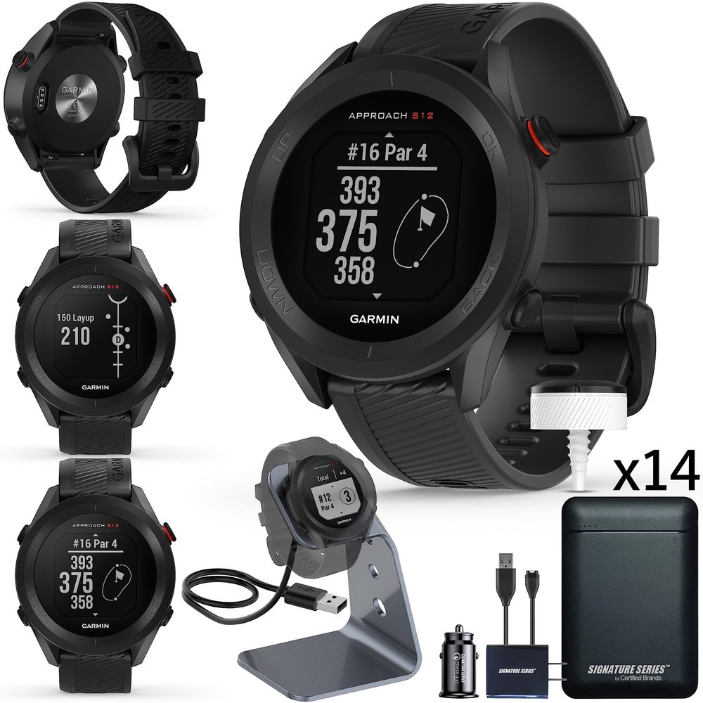 Garmin Approach S12 Golf Watch | Preloaded with 42k CourseView Maps | Scorekeeping w/Garmin Golf App with Approach CT10 Full Kit, Club Tracking System (14 Sensors) and Signature Stand Power Bundle