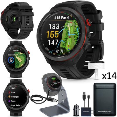 Garmin Approach S70 Golf Smartwatch | AMOLED Display | Shot Execution/Putt Alignment | Golfing System with Approach CT10 Full Kit, Club Tracking System (14 Sensors) and Signature Stand Power Bundle