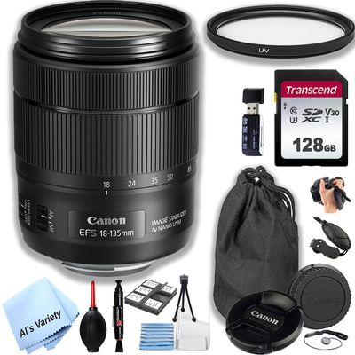 Canon EF-S 18-135mm f/3.5-5.6 is USM Zoom Lens (White Box)+128GB Memory + UV Filter +Lens Pouch +Grip + More (18pc Kit) (Renewed)