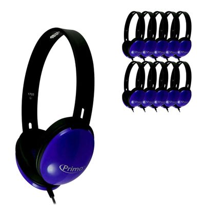 HamiltonBuhl Primo Stereo Headphones 10Pack  Blue | NoiseReducing Ear Cups, ChewResistant DuraCord, Washable Leatherette Cushions, 3.5mm SlimBarrel Plug  Classroom Student Headphones