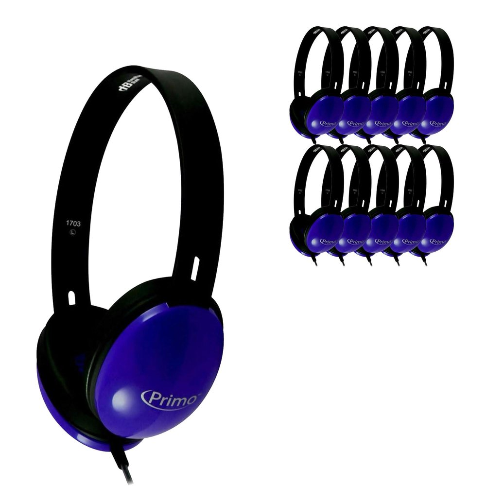 HamiltonBuhl Primo Stereo Headphones 10Pack  Blue | NoiseReducing Ear Cups, ChewResistant DuraCord, Washable Leatherette Cushions, 3.5mm SlimBarrel Plug  Classroom Student Headphones